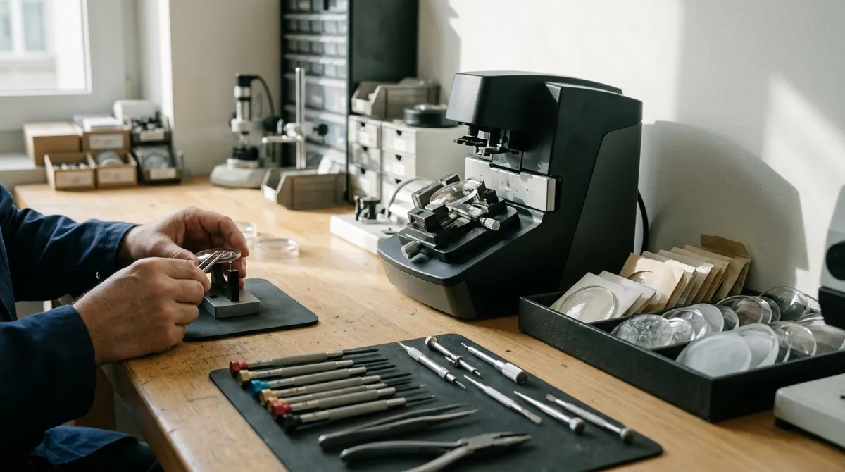 Atelier de montage optique avec meuleuse et outillage