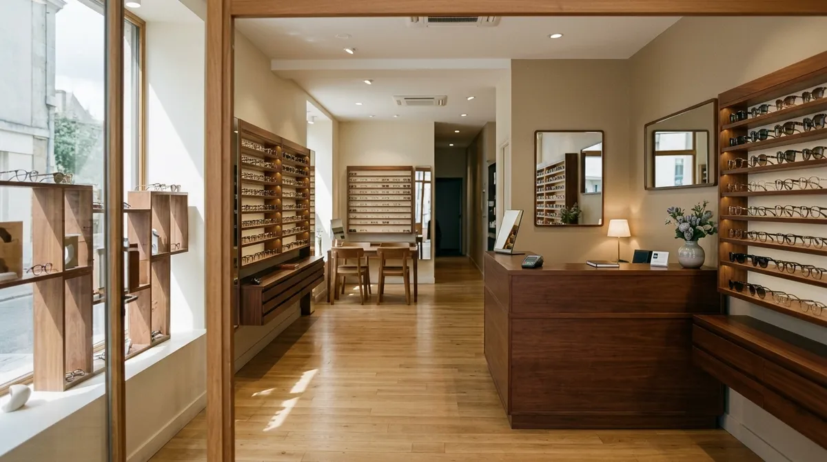 Intérieur d’un magasin d’optique avec ses présentoirs de montures